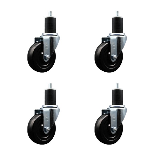 4'' SS Hard Rubber Wheel Swivel 1-3/4'' Expanding Stem Caster Set, 4PK